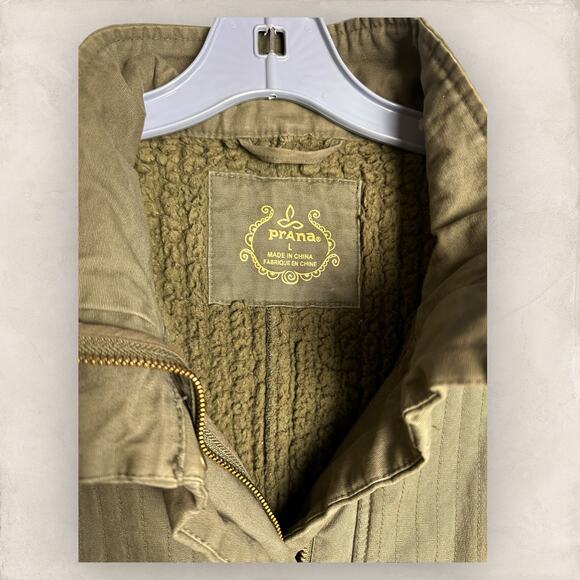 Prana Trip Utility Military Jacket Womens Sherpa Lined Green Coat Long Large - Picture 3 of 7